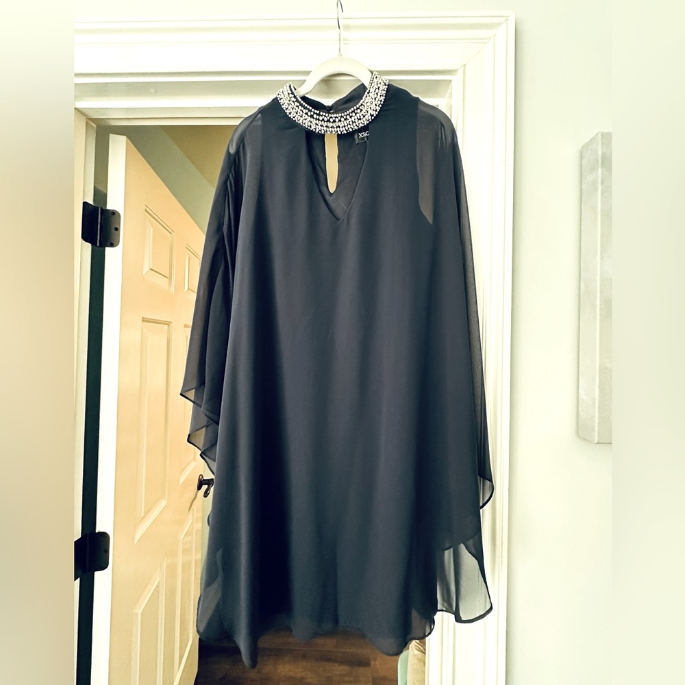 Xscape Women's Short Navy Dress Chiffon Overlay and Bead Choker Neck Size 16 EUC - Picture 2 of 10